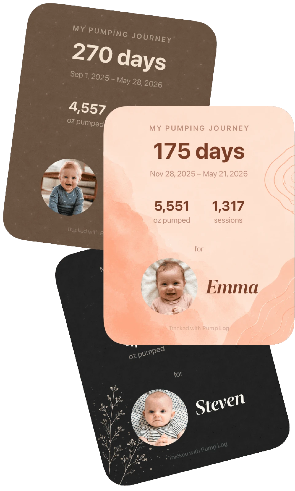 Three personalized Pump Log Journey Cards featuring pumping days, milk totals, session counts and baby photos