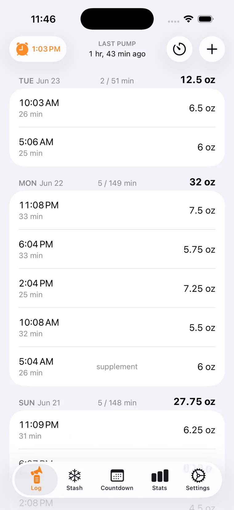 Pump Log session history showing milk volumes, pumping times and time since the last pump