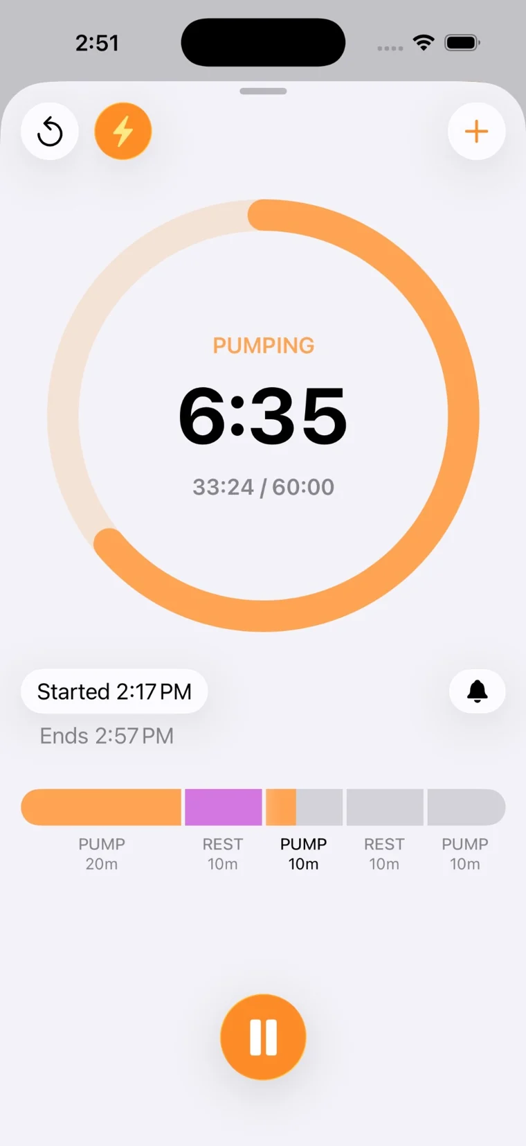 Pump Log power pumping timer with alternating pump and rest intervals and session progress